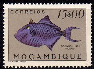 Stamp, Red-toothed Triggerfish (Odonus niger), Mozambique,  , Animals (Fauna), Fishes