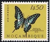 Stamp, Larger Striped Swordtail (Papilio antheus evombaroides), Mozambique,  , Insects, Butterflies, Animals (Fauna)
