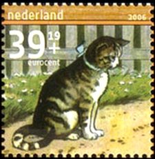 Stamp, Learning to read: Domestic Cat (Felis silvestris catus), Netherlands,  , Stylized Animals, Drawings, Cats, Summer