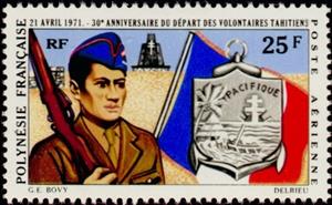 Stamp, 30 ° anniv. the departure of the volunteers Tahitian, French Polynesia,  
