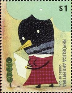 Stamp, Bird Reading Letter, Argentina,  , Stylized Animals