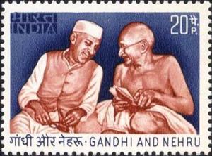 Stamp, Nehru and Gandhi, India,  