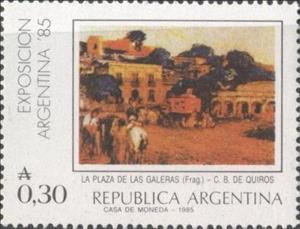 Stamp, "La plaza de las galeras" Quirós painting, Argentina,  