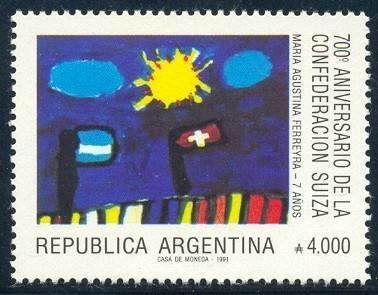 Stamp, 700 years of the Swiss Confederation, Argentina,  