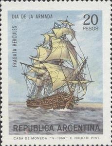 Stamp, Navy Day-Frigate Hercules, Argentina,  , Sailing, Sailing Ships