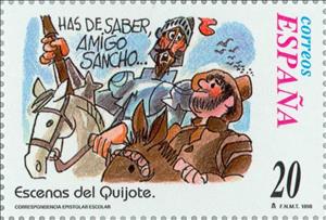 Stamp, School Correspondence. Don Quixote, Spain,  , Famous People, Mammals, Horses, Books, Middle Ages, Animals (Fauna)