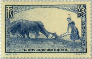 Stamp, War aid. Woman in labor, France,  , Mammals, Agriculture, Professions, Cattle, Animals (Fauna)