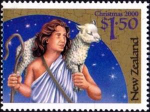 Stamp, Shepherd & Lamb, New Zealand,  , Mammals, Biblical Accounts, Christmas, Sheep, Religion, Animals (Fauna)