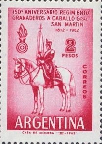 Stamp, 150 years creation the Mounted Grenadiers Regiment, Argentina,  , Military Forces, Horses, Equestrianism and horse riding, Anniversaries and Jubilees