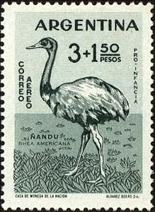 Stamp, Ñandu - Greater Rhea (Rhea americana), Argentina,  , Birds, Animals (Fauna)