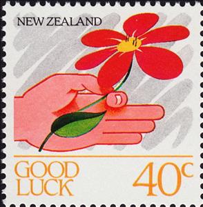 Stamp, Good Luck, New Zealand,  , Flowers, Hands, Greetings