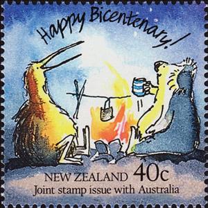 Stamp, Happy Bicentenary, New Zealand,  , Stylized Animals, Birds, Koalas