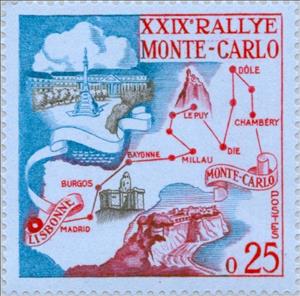 Stamp, Route from Lisbon to Monte Carlo, Monaco,  , Special Occasions, Cartography, Maps, Carsports, Buildings