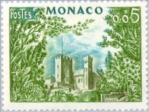 Stamp, Prince's Palace, surrounded by trees, Monaco,  , Trees, Palaces, Buildings, Plants (Flora)