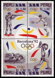 Se-tenant, Nos. 1140 surcharged in blue, Peru,  , Olympic Games