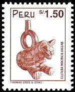 Stamp, Mochica pottery - cat pitcher, Peru,  , Glass and Earthenware, Cats