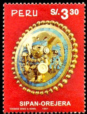 Stamp, Lord of Sipan artifacts - medallion with warrior figure, Peru,  , Golden Objects