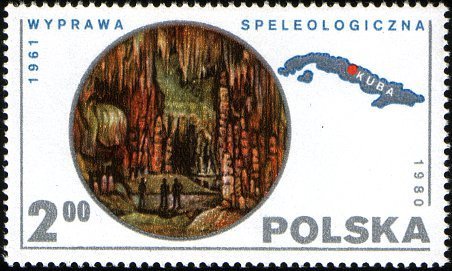Stamp, Caverns,Map of Cuba, Poland,  , Caves