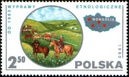Stamp, Ethnology, Mongolia, Poland,  , Landscapes, Horses, Science, Traditions, Equestrianism and horse riding