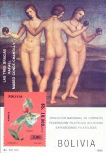 Souvenir Sheet, Three Graces, Bolivia,  , Flowers, Paintings, Orchids, Art, Plants (Flora), Nudes