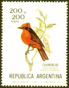 Stamp, Vermilion Flycatcher (Pyrocephalus rubinus), Argentina,  , Birds, Animals (Fauna)