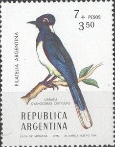 Stamp, Plush-crested Jay (Cyanocorax chrysops) , Argentina,  , Birds, Animals (Fauna)