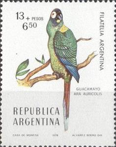 Stamp, Yellow-collared Macaw (Ara auricolis), Argentina,  , Birds, Parrots, Animals (Fauna)