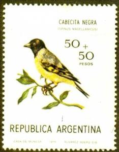 Stamp, Hooded Siskin (Spinus magellanicus), Argentina,  , Birds, Animals (Fauna)