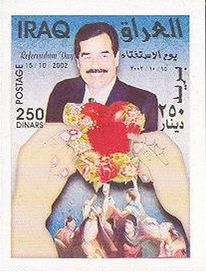 Saddam, cheering people, hand with heart