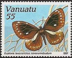 Stamp, Orange-flash Crow (Euploea leucostictos sp. novarumebudum), Vanuatu,  , Insects, Butterflies