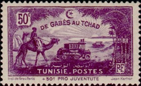Stamp, Crossing the Sahara in a tracked vehicle, Tunisia,  , Camels, Deserts