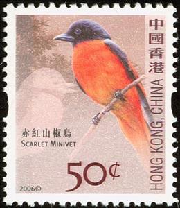 Stamp, Scarlet Minivet, Hong Kong,  , Birds