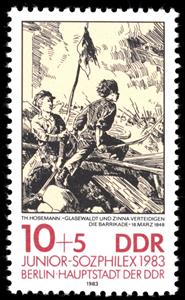 Stamp, "Glasewaldt Zinna and defend the barricades" (Vol. Hosemann), Germany, Democratic Republic,  , Paintings, Philatelic Exhibitions