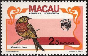 Stamp, Red-billed Leiothrix (Leiothrix lutea), Macau,  , Birds