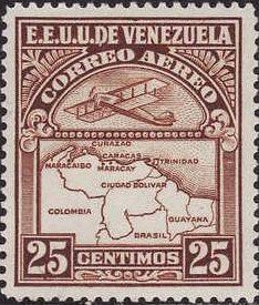 Stamp, Airplane and map, Venezuela,  