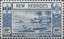 Stamp, Lopevi Island and Kopra Canoe with Volcano - New HEBRIDES, Vanuatu,  , Landscapes