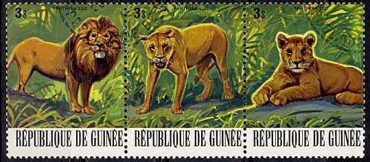 Se-tenant, Lion (Panthera leo) - Stripe of 3 Stamps, Guinea, Social Democratic Republic,  