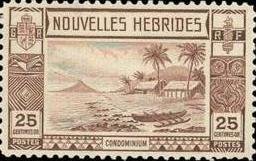 Stamp, Lopevi Island and Kopra Canoe with Volcano - New HEBRIDES, Vanuatu,  , Landscapes