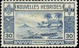 Stamp, Lopevi Island and Kopra Canoe with Volcano - New HEBRIDES, Vanuatu,  , Landscapes