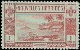 Stamp, Lopevi Island and Kopra Canoe with Volcano - New HEBRIDES, Vanuatu,  , Landscapes