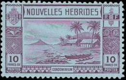 Stamp, Lopevi Island and Kopra Canoe with Volcano - New HEBRIDES, Vanuatu,  , Landscapes