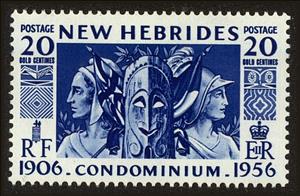 Stamp, Totem flanked by "Marianne" and "Britannia" New HEBRIDES, Vanuatu,  