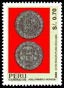 Stamp, 8 reales,1568, first Peruvian coinage, Peru,  , Coins