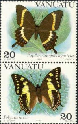 Se-tenant, Nawab Butterfly (Polyura sacco), Swallowtail Butterfly (Papi, Vanuatu,  , Insects, Butterflies, Animals (Fauna)