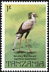 Stamp, Secretarybird (Sagittarius serpentarius), Tanzania,  , Birds, Animals (Fauna)