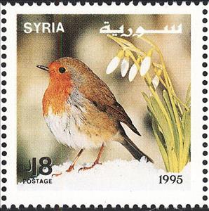Stamp, European Robin (Erithacus rubecula), Syria,  , Birds, Animals (Fauna)