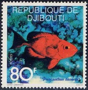 Stamp, Moontail Bullseye (Priacanthus hamrur) , Djibouti,  , Animals (Fauna), Fishes