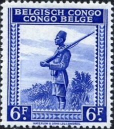 Stamp, Soldier inscribed "Belgisch Congo Congo Belge", Belgian Congo,  , Weapons, Military Forces, Army