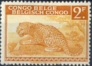 Stamp, Leopard (Panthera pardus) inscribed "Congo Belge Belgisch Co, Belgian Congo,  , Mammals, Leopards, Animals (Fauna)