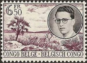 Stamp, King Baudouin and tropical scene inscribed "Congo Belge-Belg, Belgian Congo,  